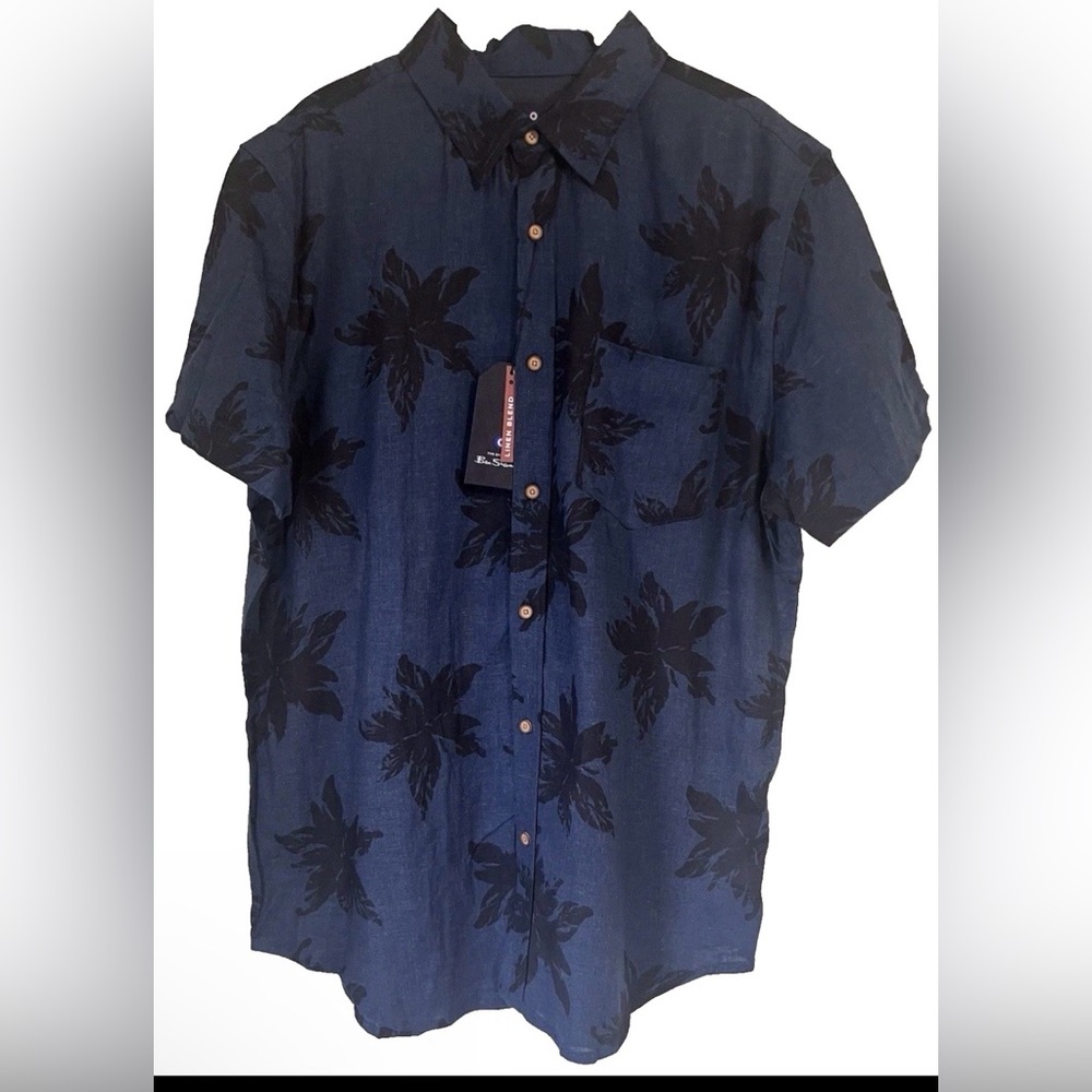 Ben Sherman The Original Navy Collared Button Up Black Tropical Leaf Shirt New